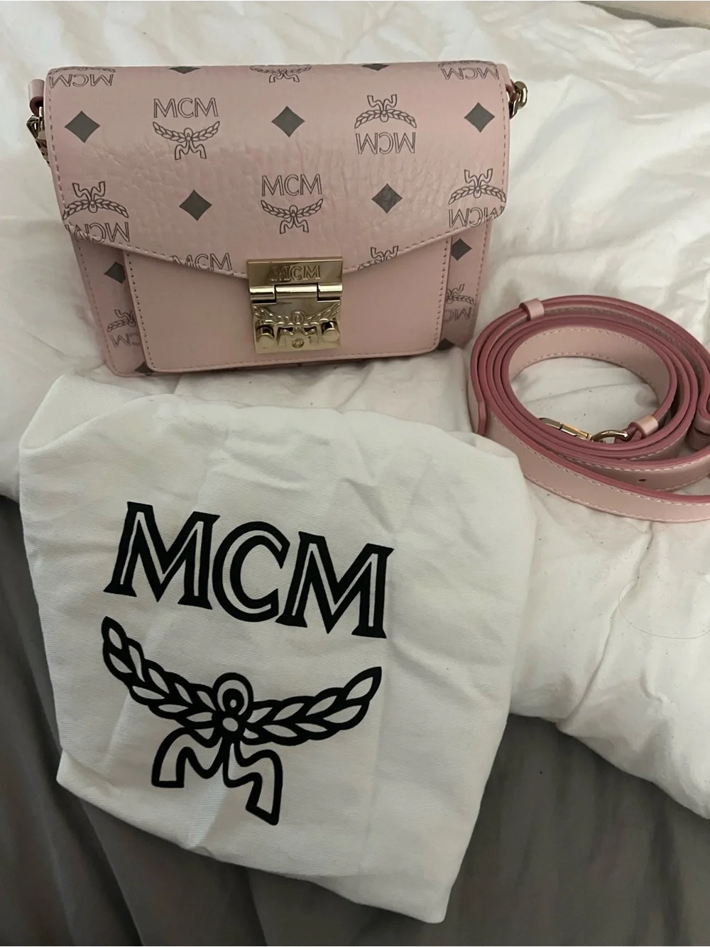 MCM Pink Visetos Gold-Tone Lock Crossbody Bag- BEAND NEW